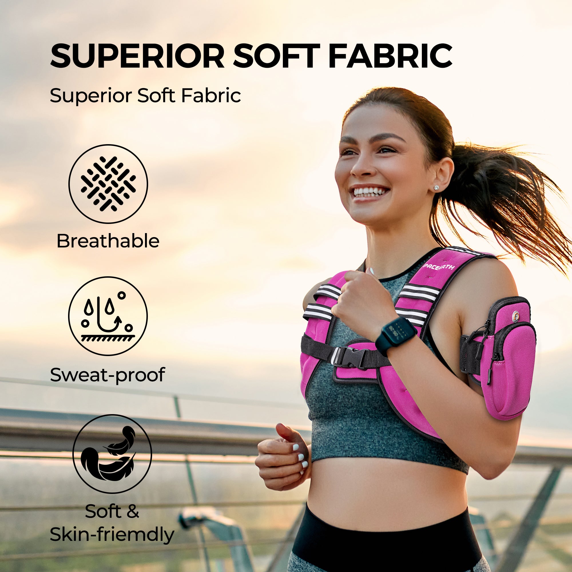 Pacearth Weighted Vest with Arm Strap Phone Pouch and Reflective Stripe Pink& Grey - Image 3