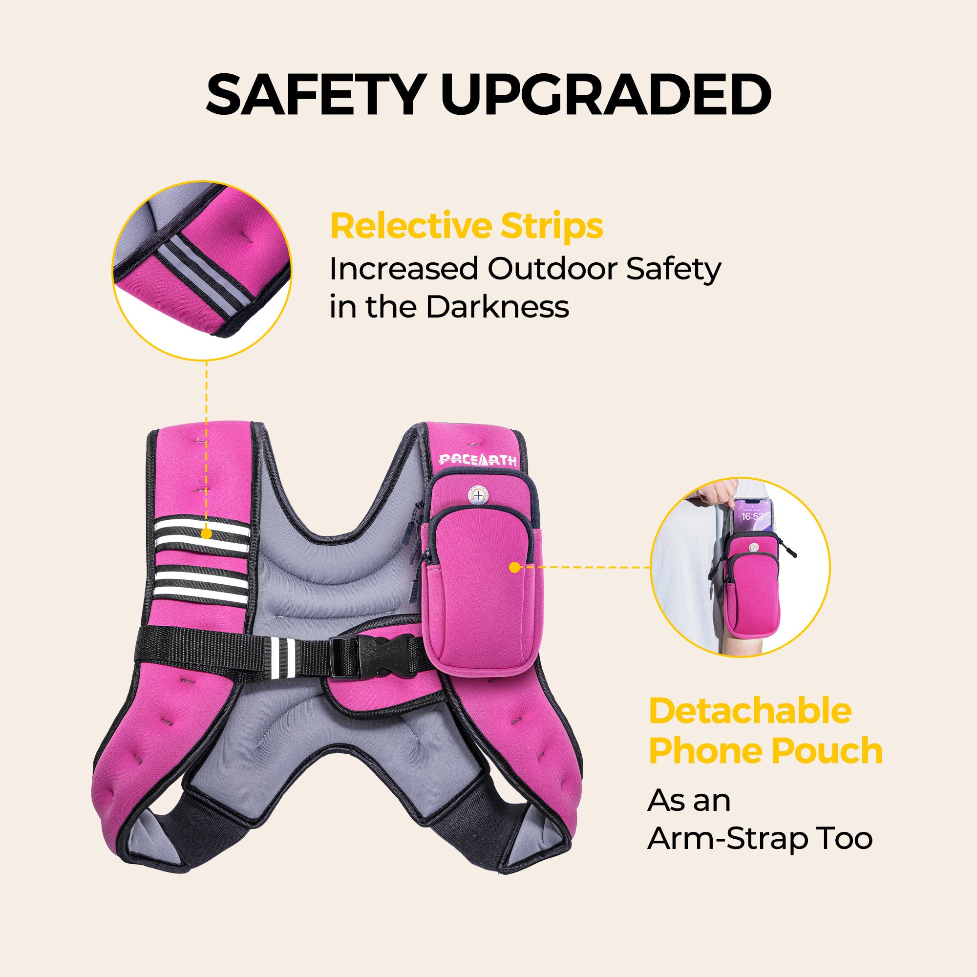 Pacearth Weighted Vest with Arm Strap Phone Pouch and Reflective Stripe Pink& Grey - Image 5