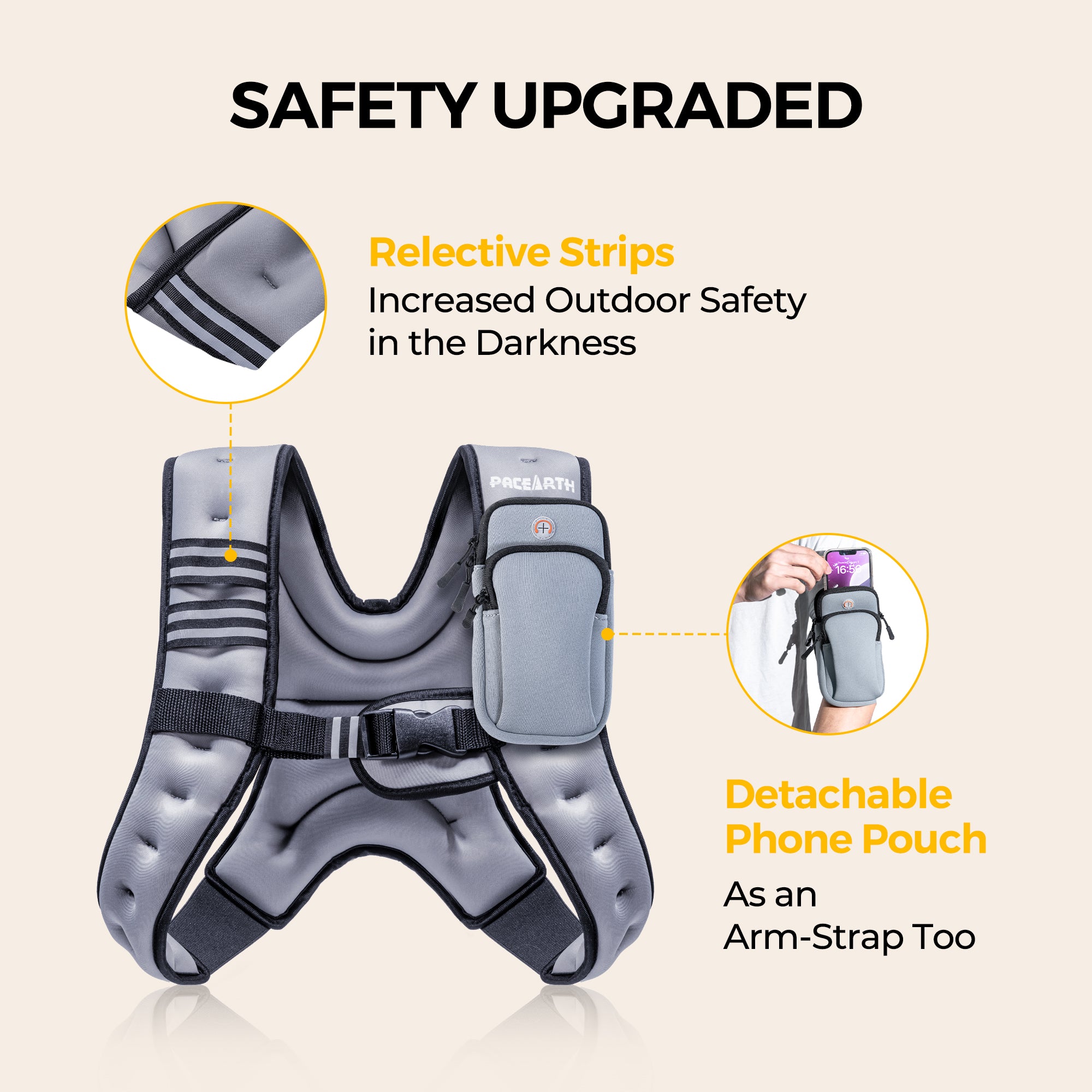 Pacearth Weighted Vest with Arm Strap Phone Pouch and Reflective Stripe Grey - Image 5