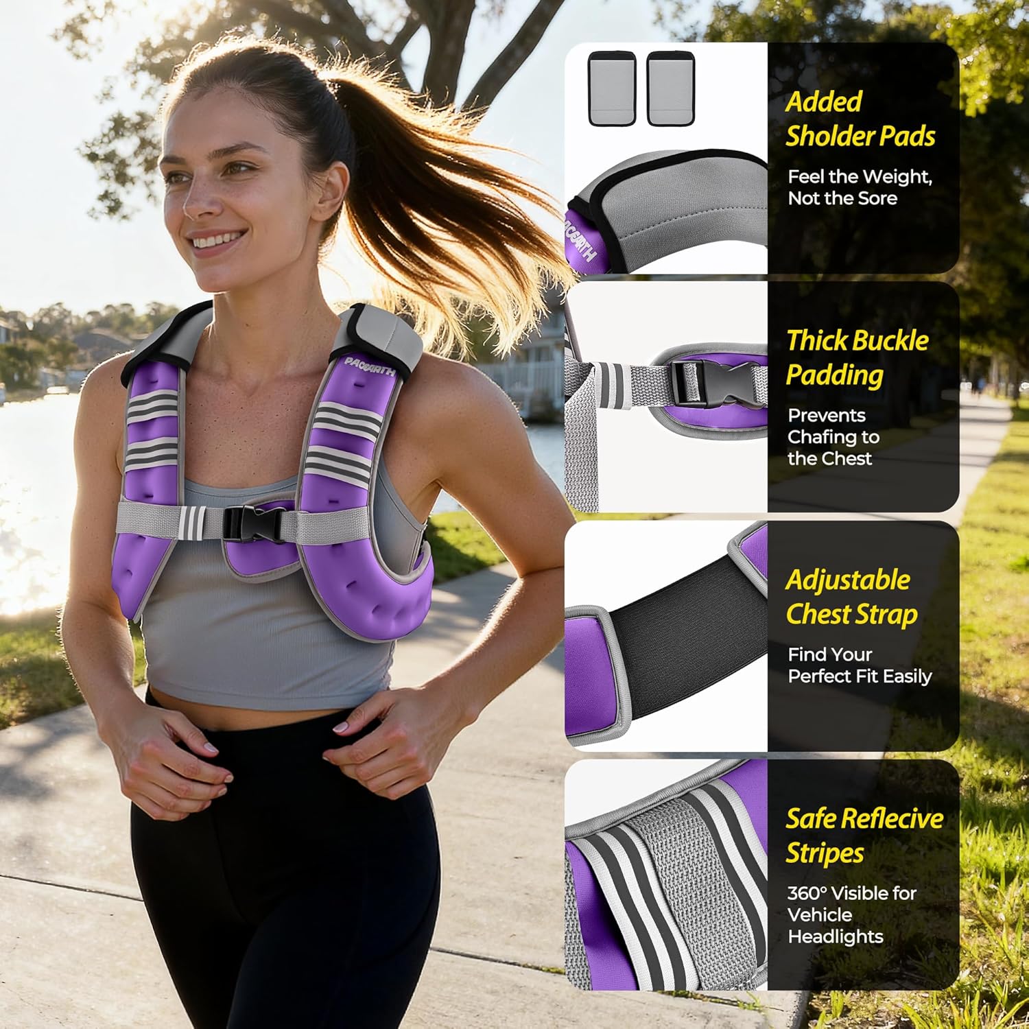 Pacearth Weighted Vest with Arm Strap Phone Pouch and Reflective Stripe Purple - Image 5