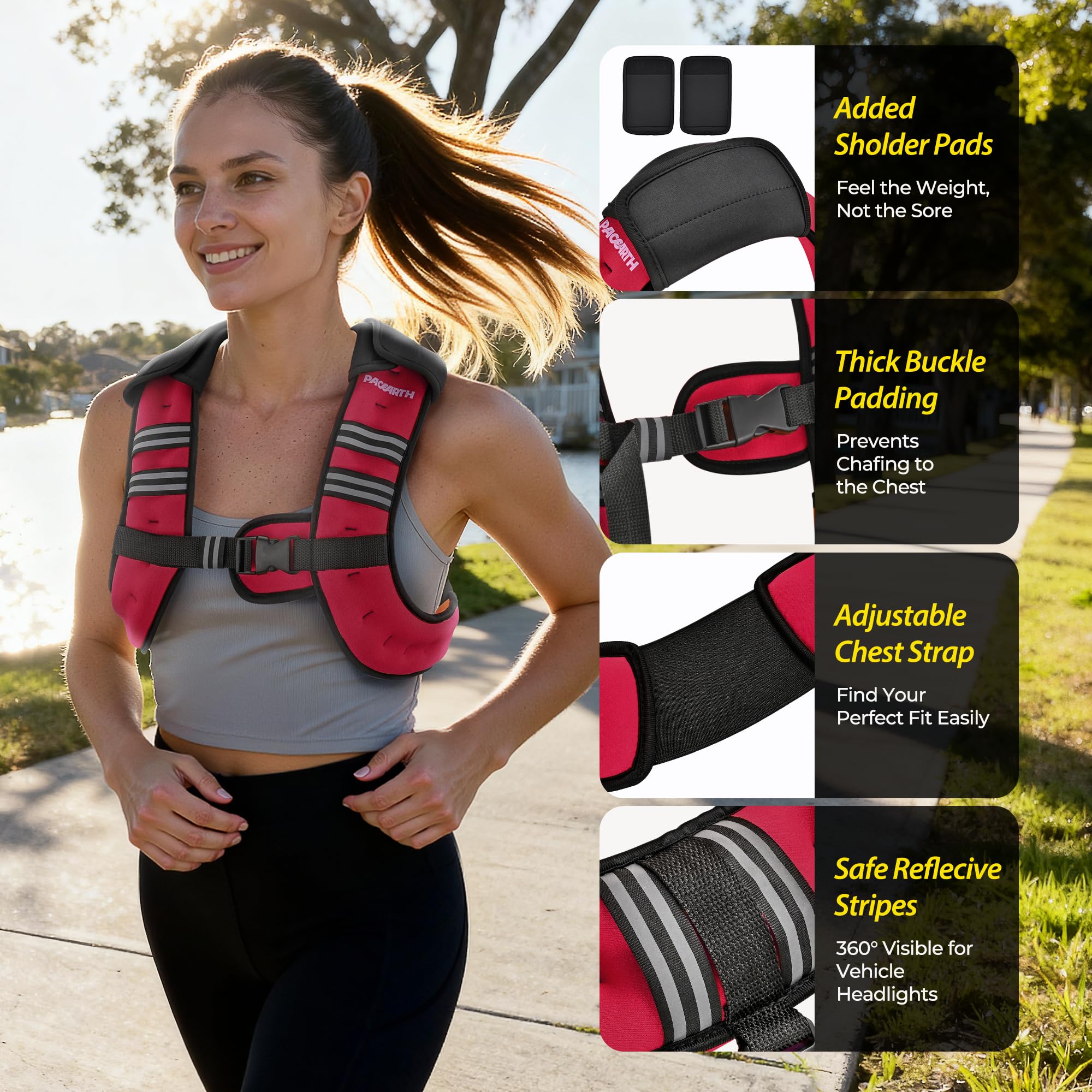 Pacearth Weighted Vest with Arm Strap Phone Pouch and Reflective Stripe Red - Image 5
