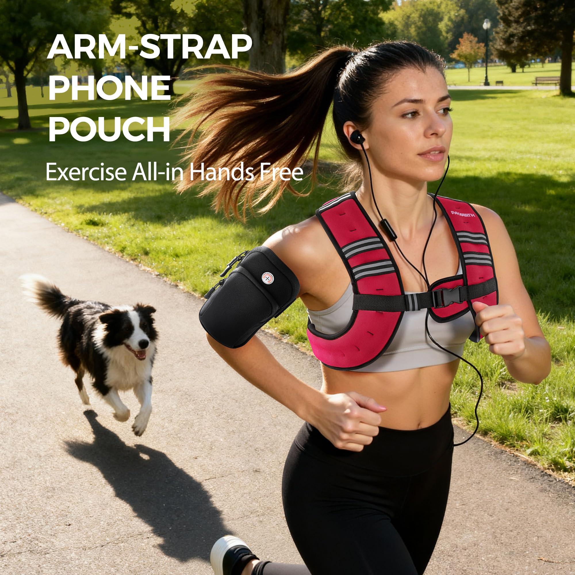Pacearth Weighted Vest with Arm Strap Phone Pouch and Reflective Stripe Red - Image 6